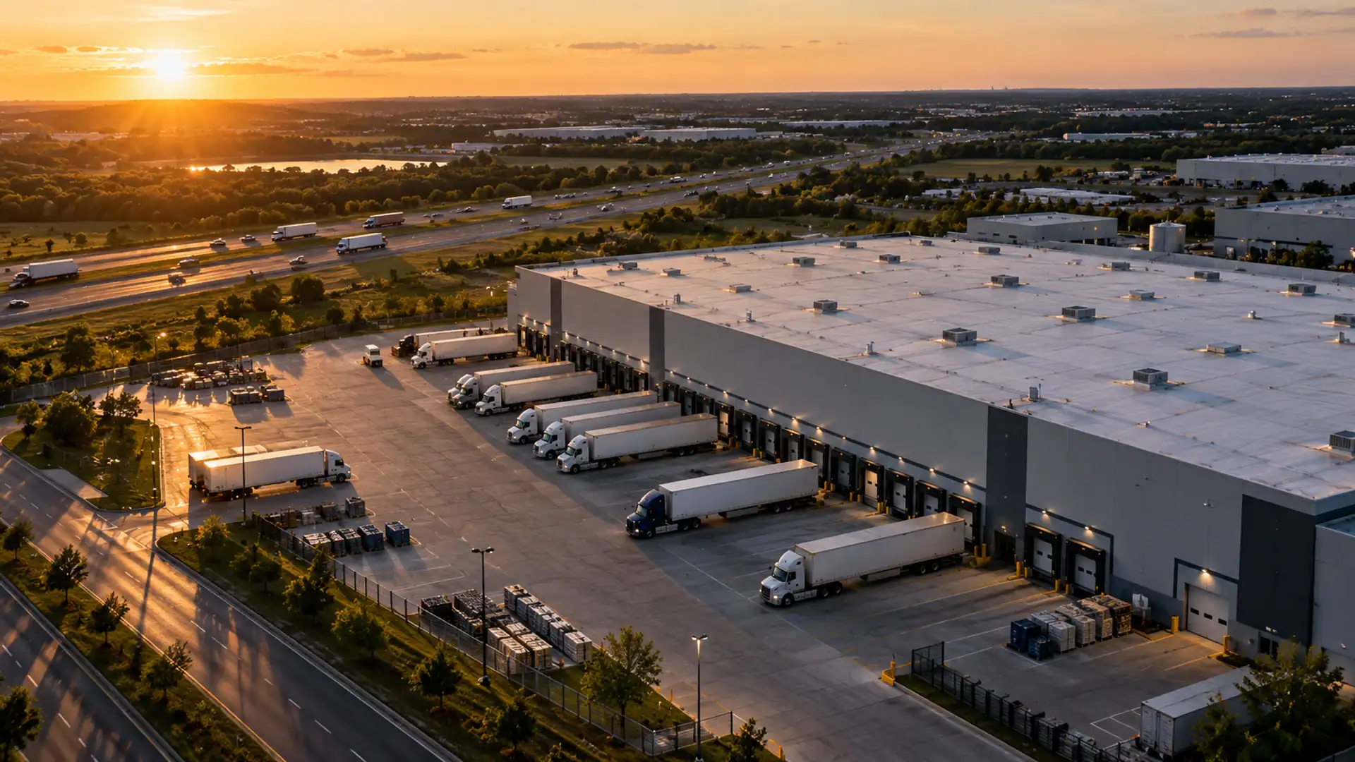 Aerial view of a distribution center with trucks at the loading docks