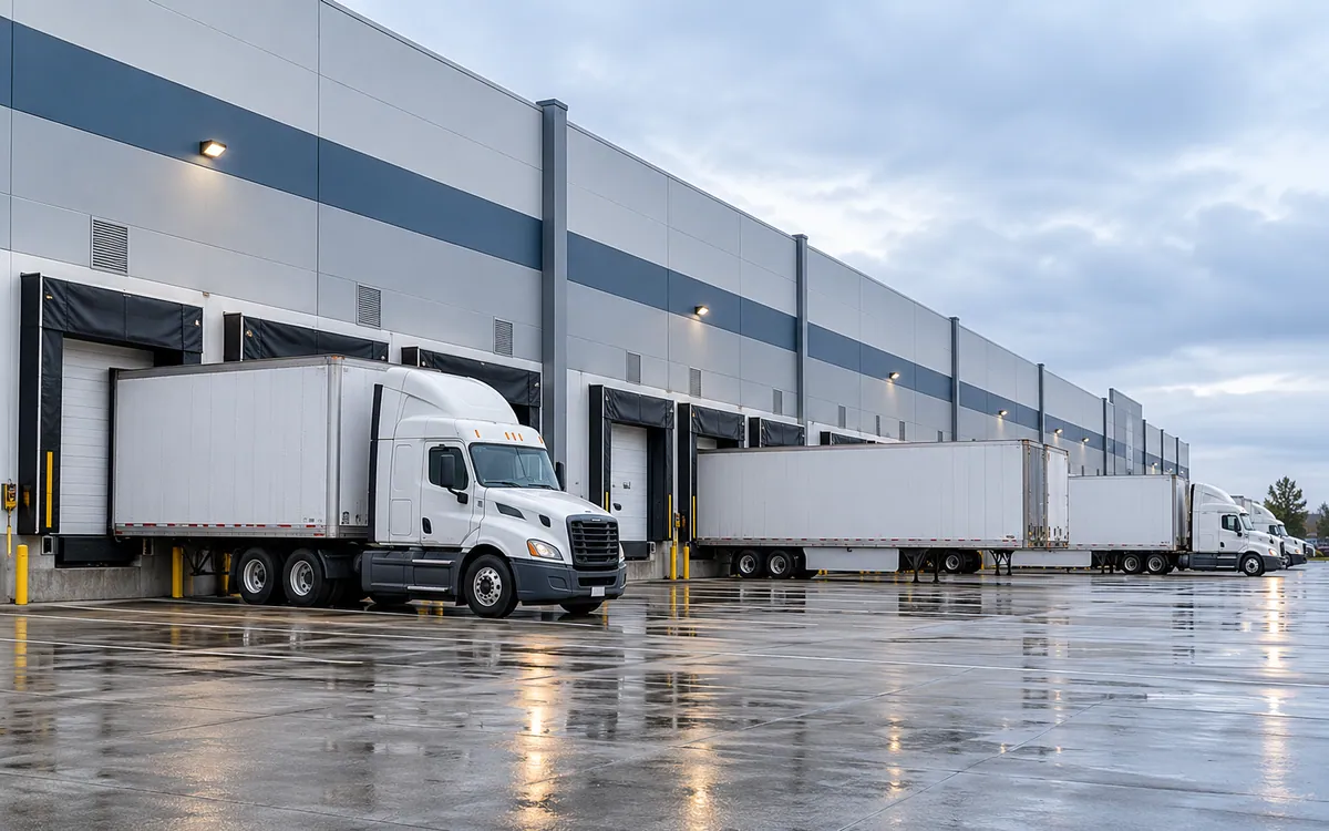 Trucks unloading at a warehouse club depot with full pallets