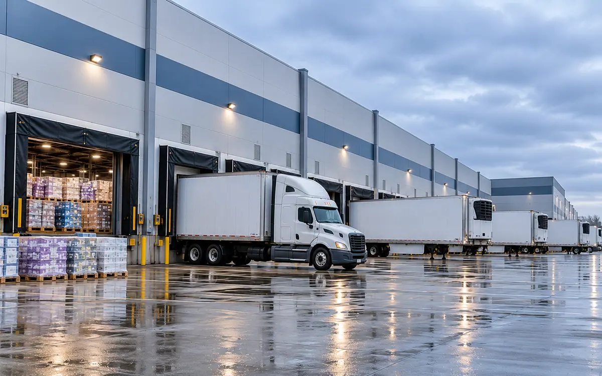 Trucks unloading at a pharmacy and health-and-beauty distribution center