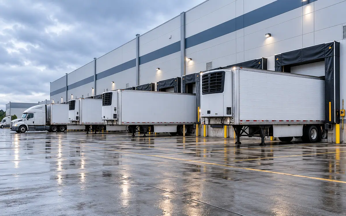 Trucks unloading at a grocery distribution center with refrigerated trailers