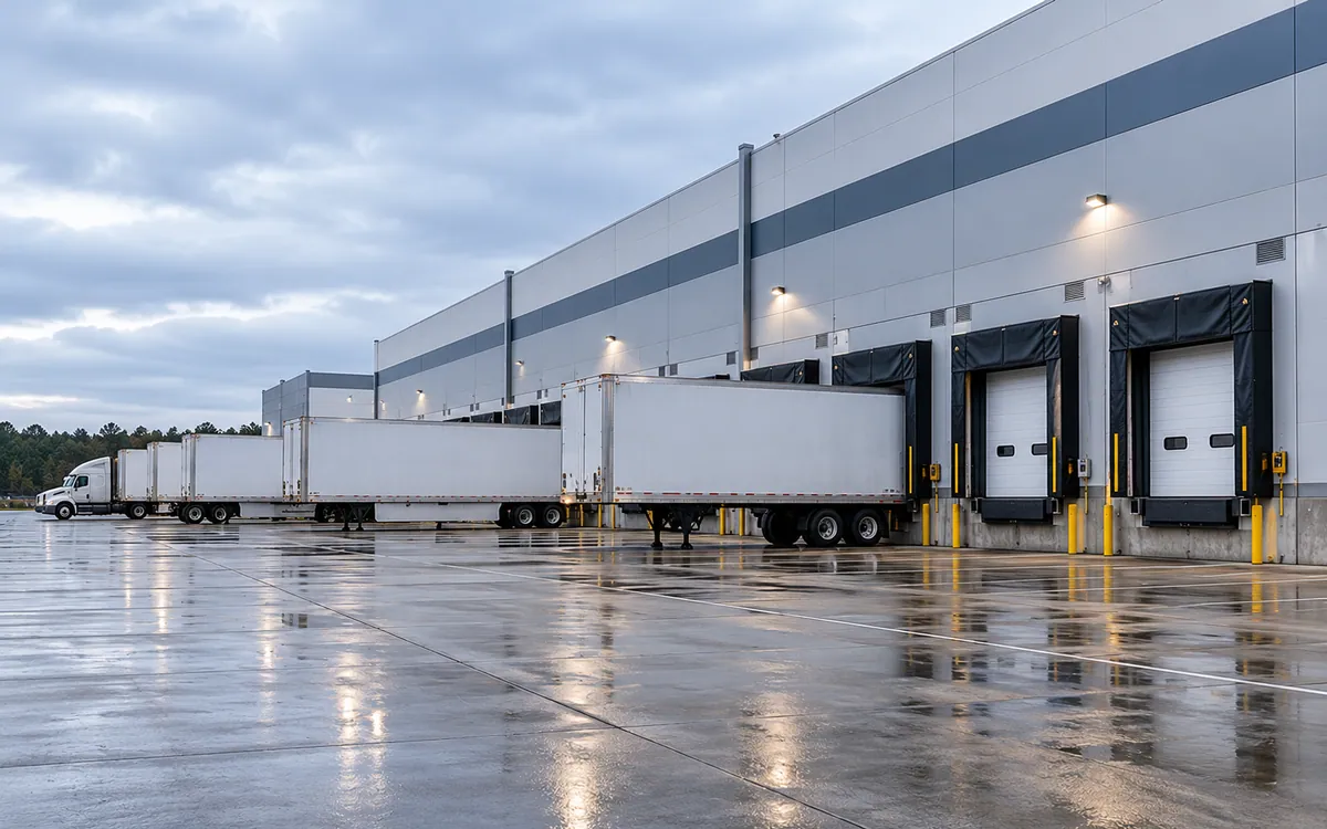 Trucks unloading at a supercenter-style distribution center
