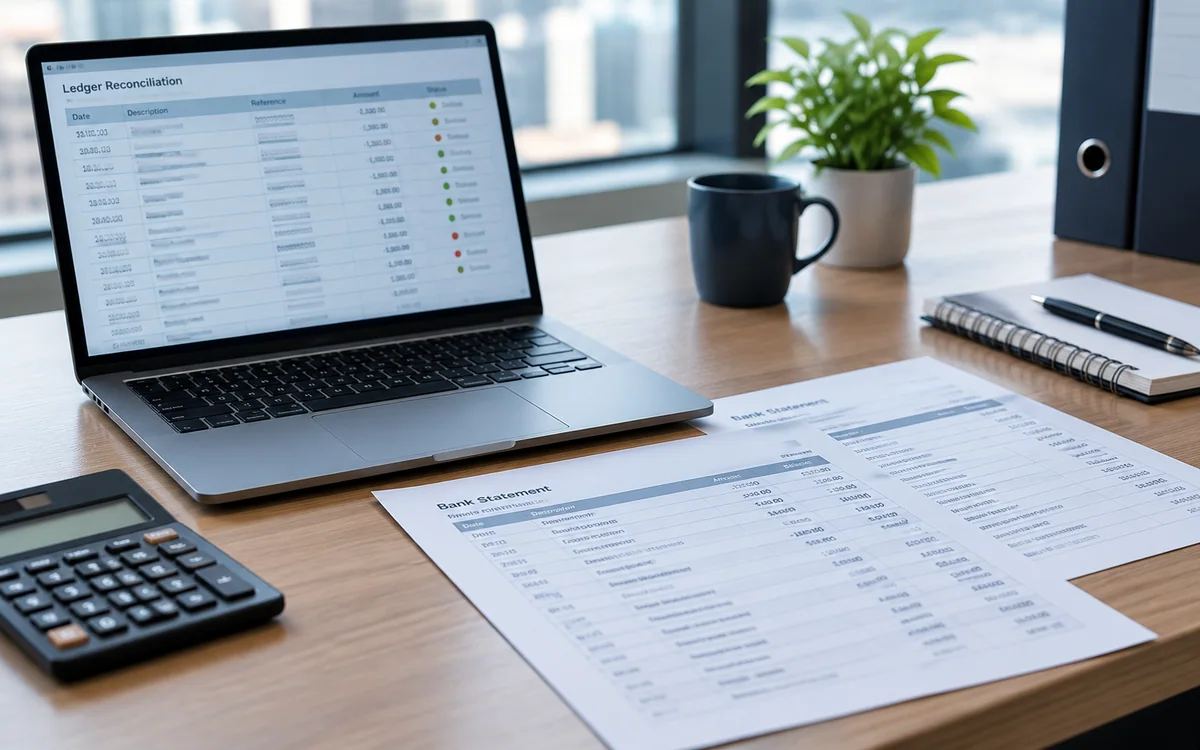 Ledger reconciliation on a laptop beside printed bank statements