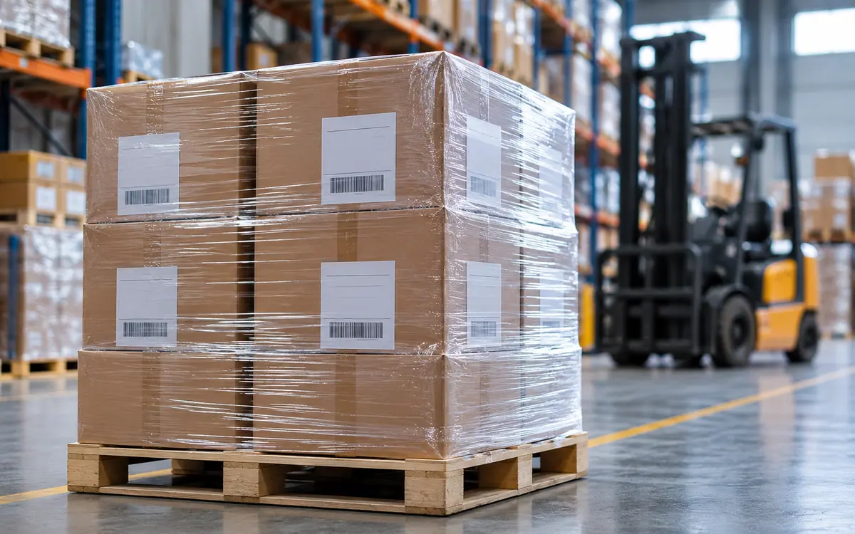 Pallet with shipping labels being prepared on a warehouse floor