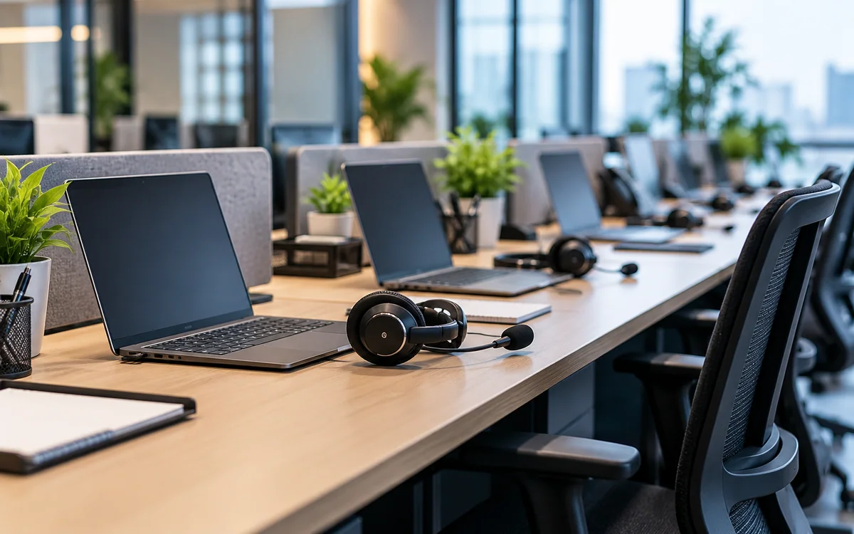 Support desk with headsets and laptops ready for a customer service shift