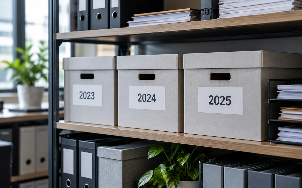 Archive boxes of invoices labeled by year on an office shelf